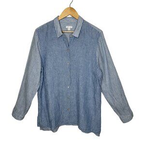 J. Jill Love Linen Essential Shirt Blue Stripe Button Front Women's Top Size XL